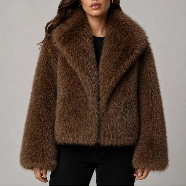 Women’s cropped winter faux fur jacket with oversized collar in Brown