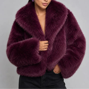 Women’s cropped winter faux fur jacket with oversized collar in Purple