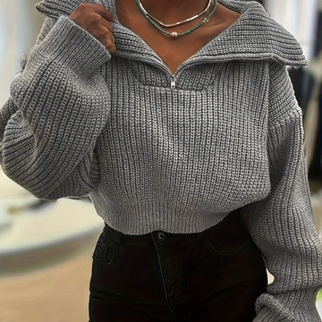 Women's cropped winter quarter zip sweater in Dark Gray