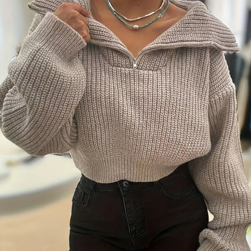 Women's cropped winter quarter zip sweater in Khaki