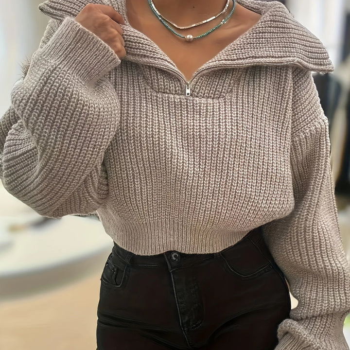 Women's cropped winter quarter zip sweater in Khaki