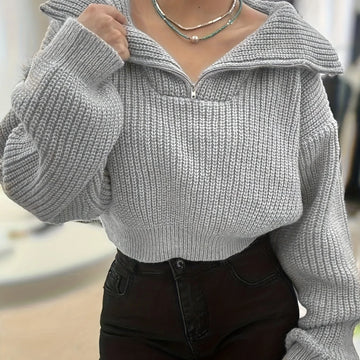 Women's cropped winter quarter zip sweater in Light Grey