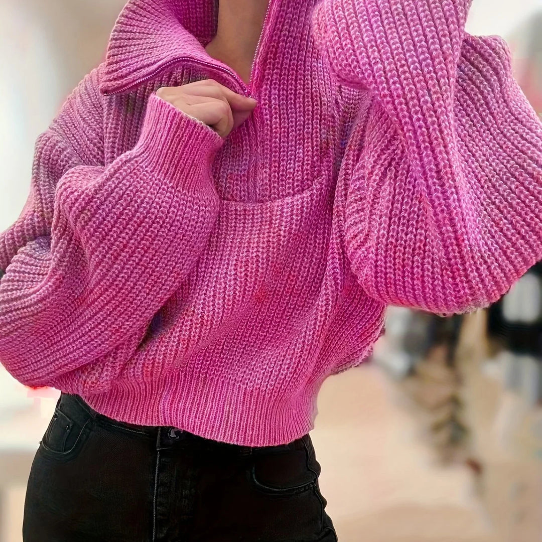 Women's cropped winter quarter zip sweater in Magenta