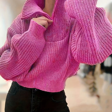 Women's cropped winter quarter zip sweater in Magenta
