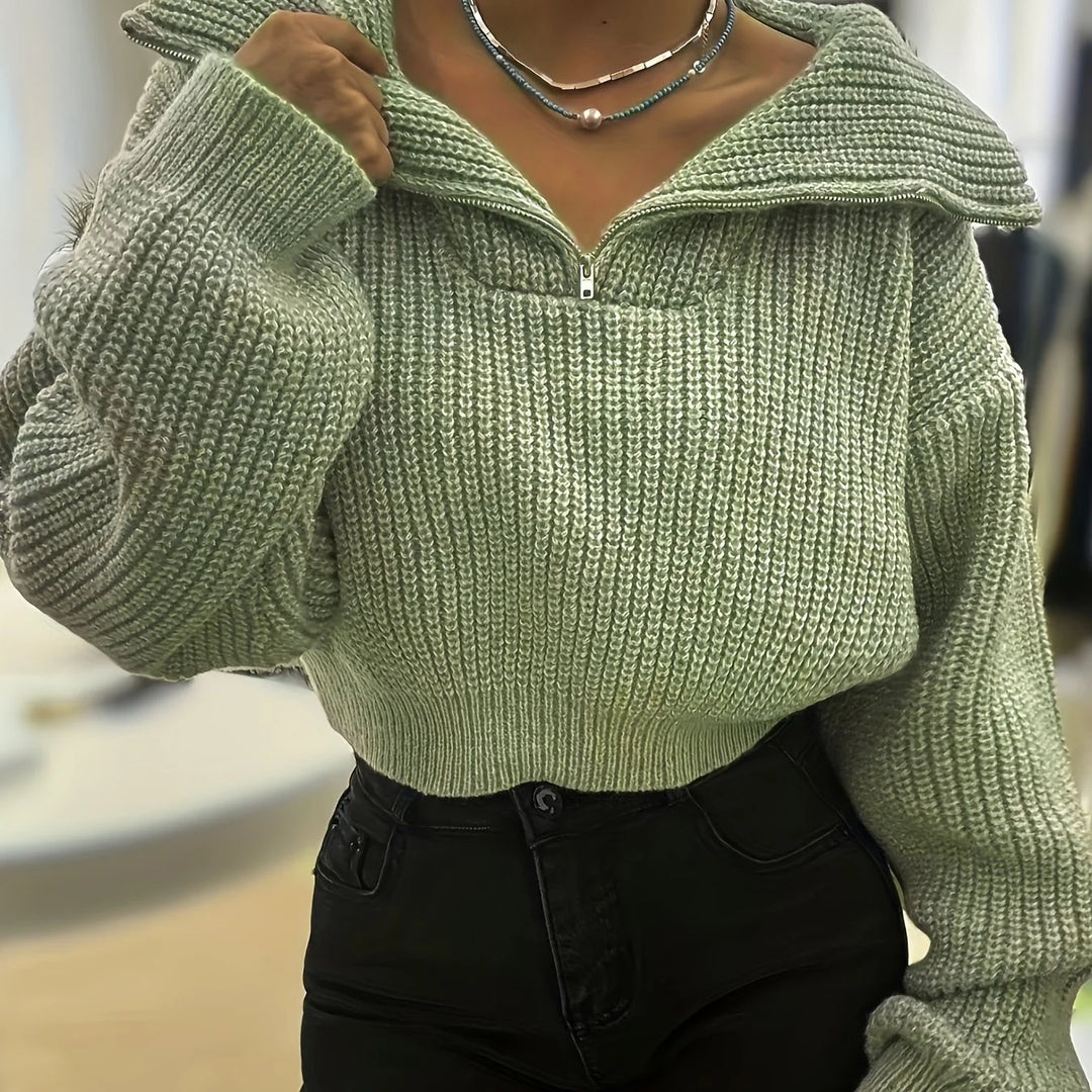 Women's cropped winter quarter zip sweater in Sage Green