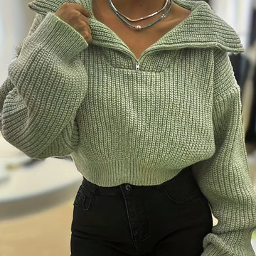 Women's cropped winter quarter zip sweater in Sage Green