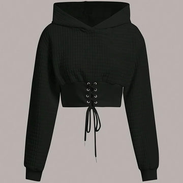 Women's comfy cropped winter hoodie with long sleeve in Black