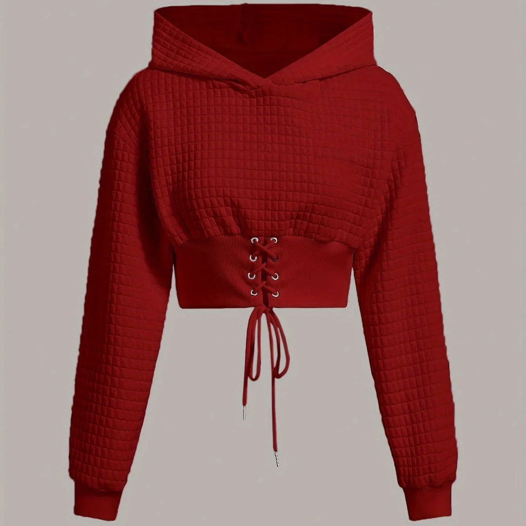 Women's comfy cropped winter hoodie with long sleeve in Burgundy
