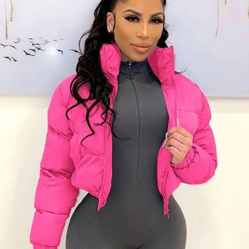 Women's cropped winter puffer jacket with zipper closure in Rose Red