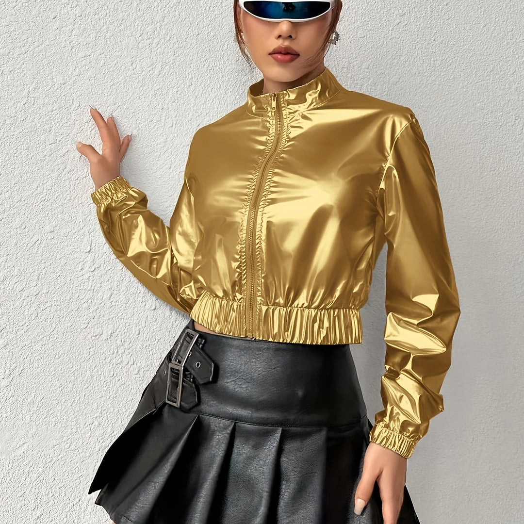 Women's cropped shiny zip-up winter bomber jacket in Golden
