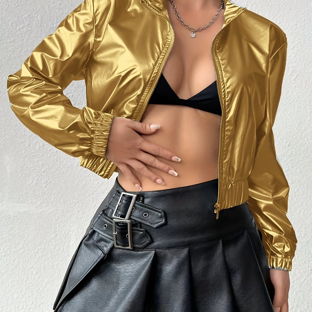 Women's cropped shiny zip-up winter bomber jacket in Golden