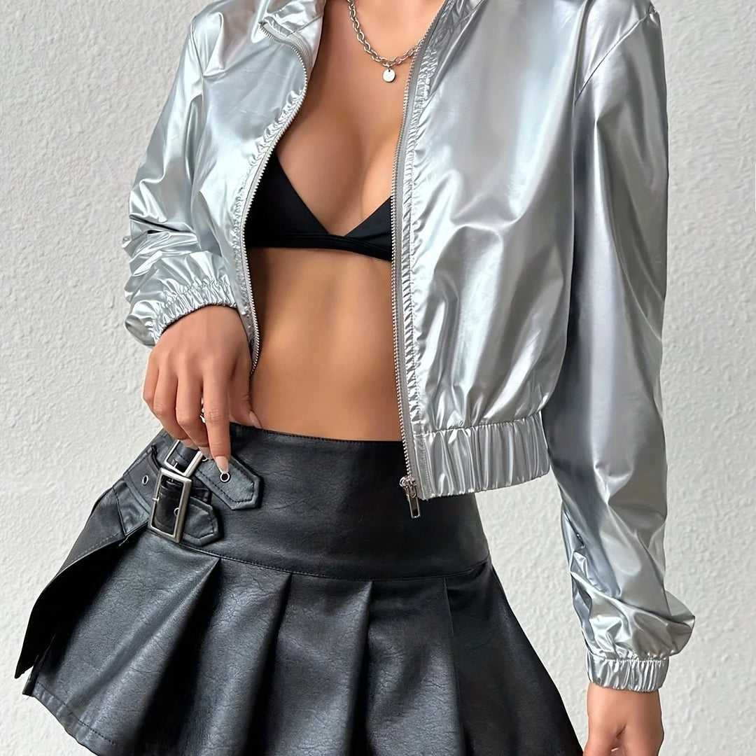 Women's cropped shiny zip-up winter bomber jacket in Silvery
