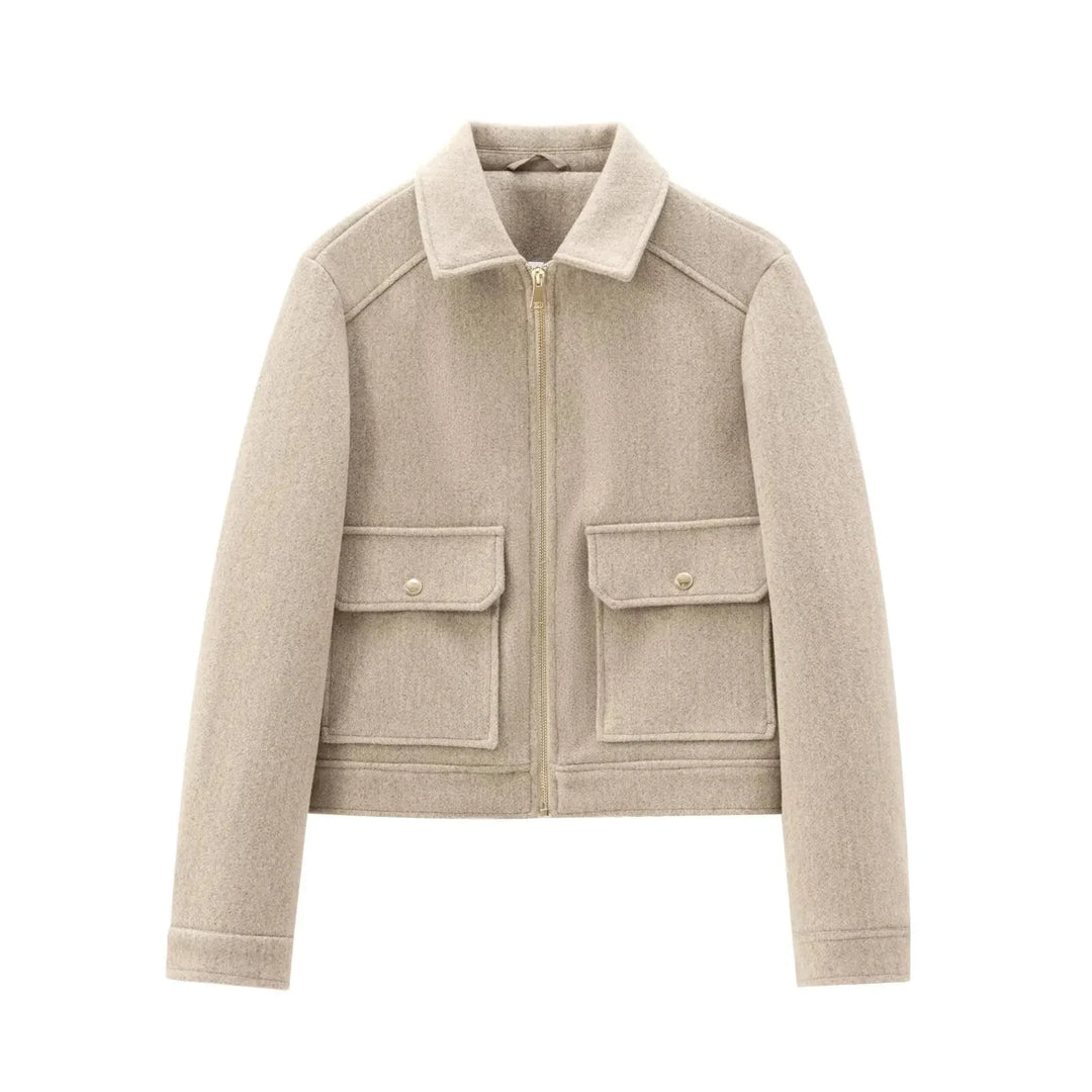 Women's wool zip-up collared winter jacket with front patch pockets - Brown