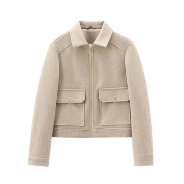 Women's wool zip-up collared winter jacket with front patch pockets - Brown