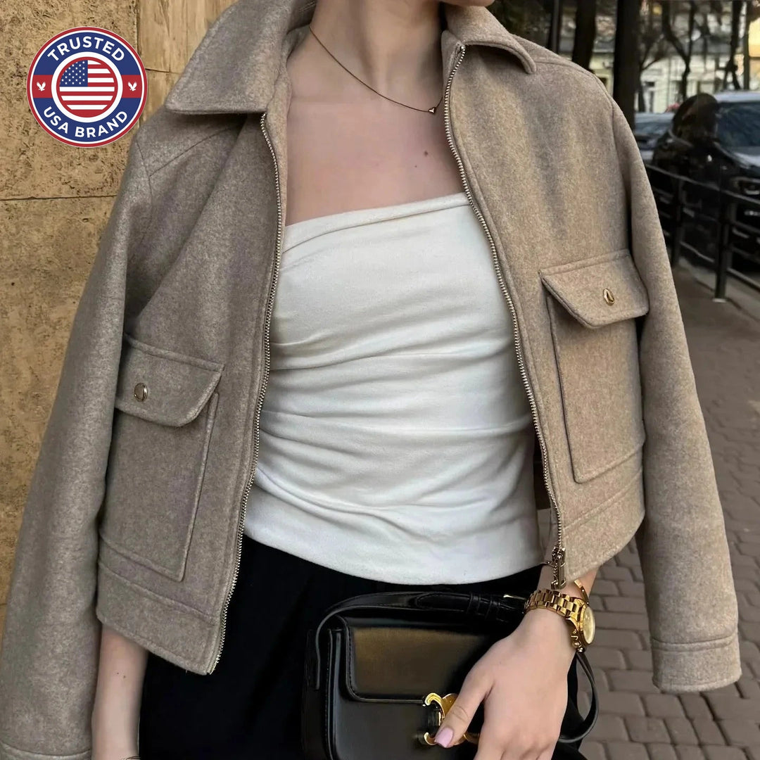 Women's wool zip-up collared winter jacket with front patch pockets - Brown