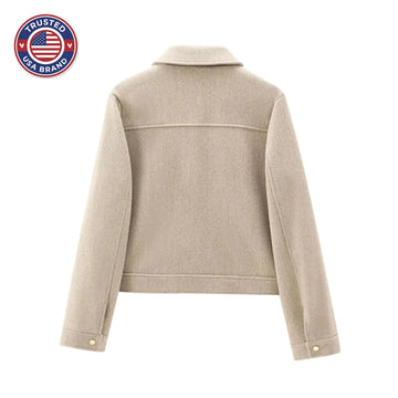 Women's wool zip-up collared winter jacket with front patch pockets - Brown