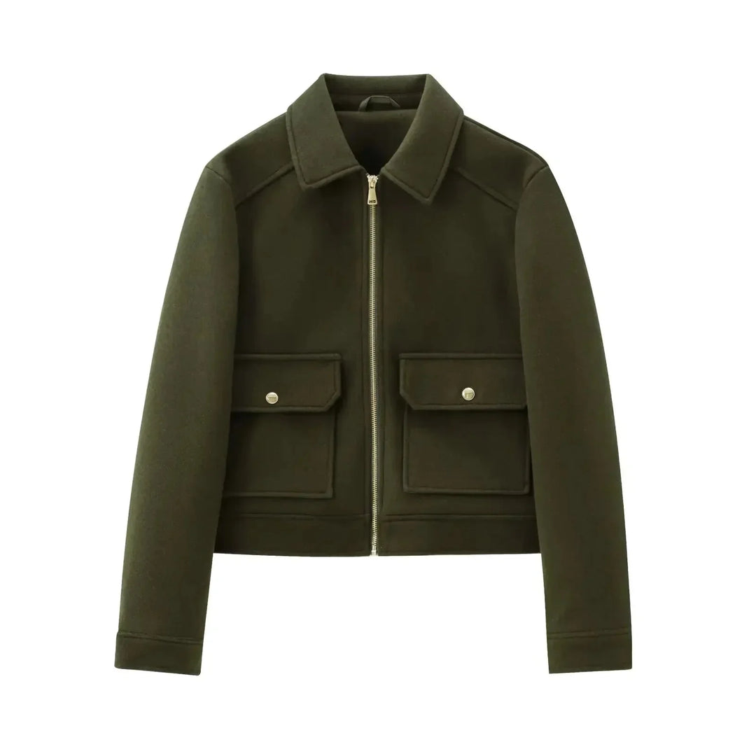 Women's wool zip-up collared winter jacket with front patch pockets - Brown