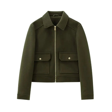 Women's wool zip-up collared winter jacket with front patch pockets - Brown