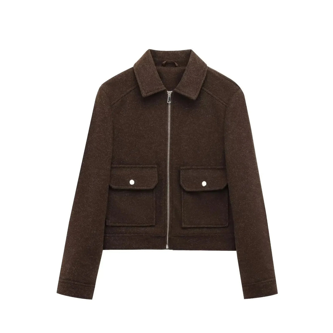 Women's wool zip-up collared winter jacket with front patch pockets - Brown