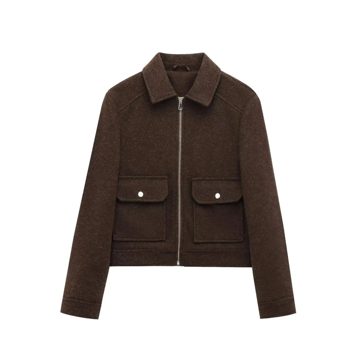 Women's wool zip-up collared winter jacket with front patch pockets - Brown