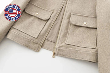 Women's wool zip-up collared winter jacket with front patch pockets - Brown