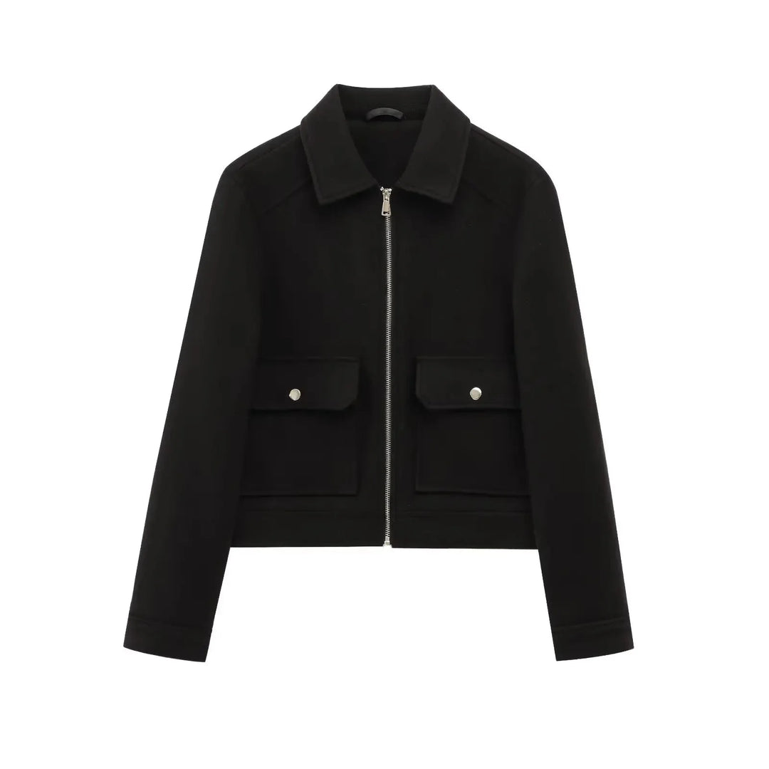 Women's wool zip-up collared winter jacket with front patch pockets - Brown