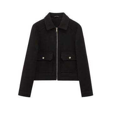 Women's wool zip-up collared winter jacket with front patch pockets - Brown