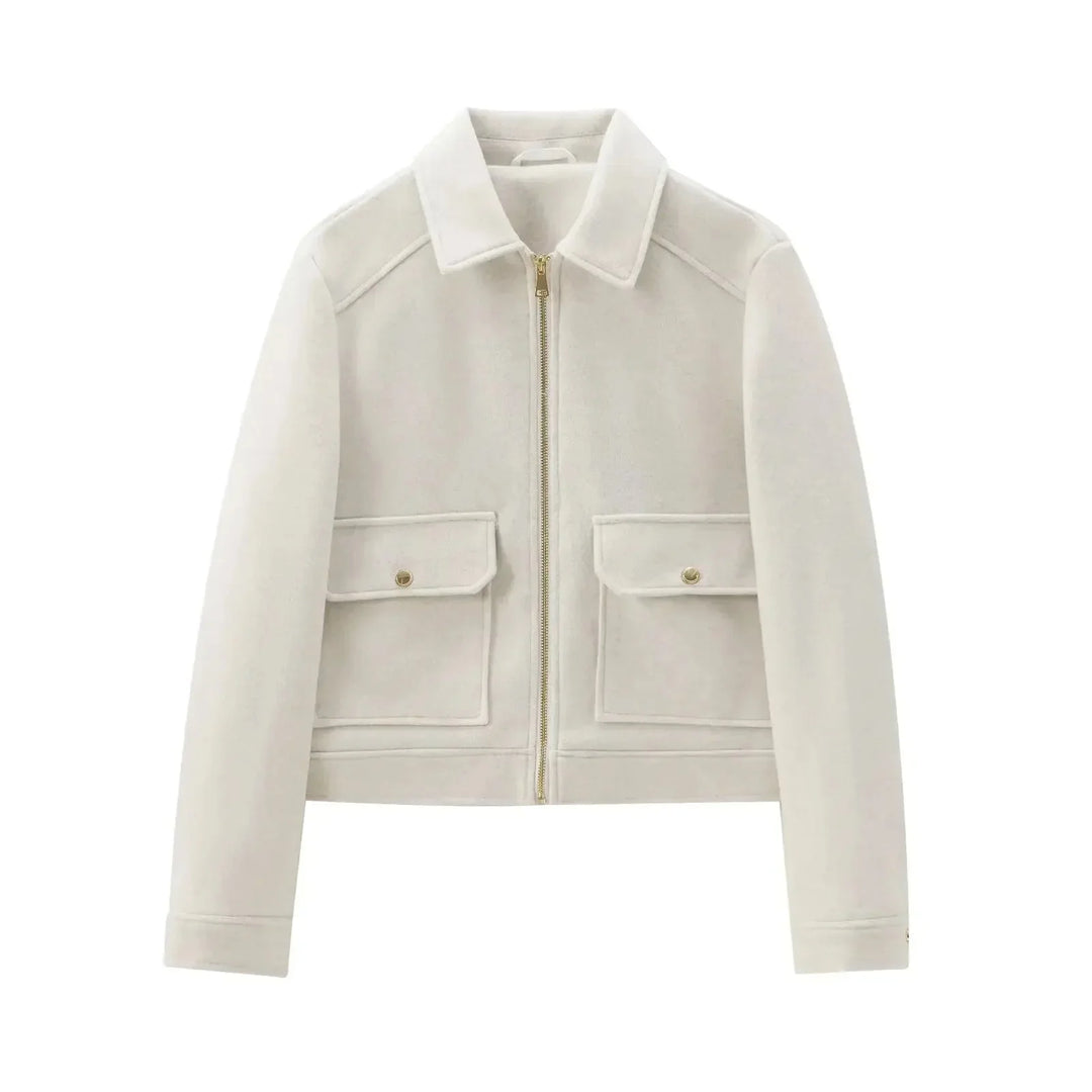 Women's wool zip-up collared winter jacket with front patch pockets - Brown