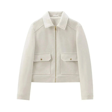 Women's wool zip-up collared winter jacket with front patch pockets - Brown