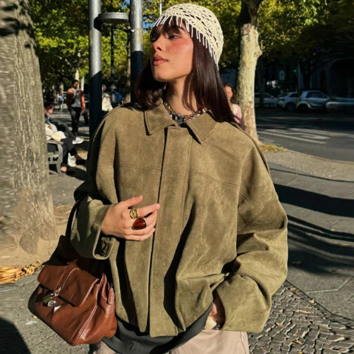Women's suede button-front collared winter jacket with dropped shoulders - Green