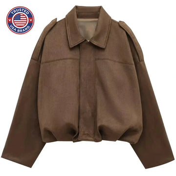 Women's suede button-front collared winter jacket with dropped shoulders - Green