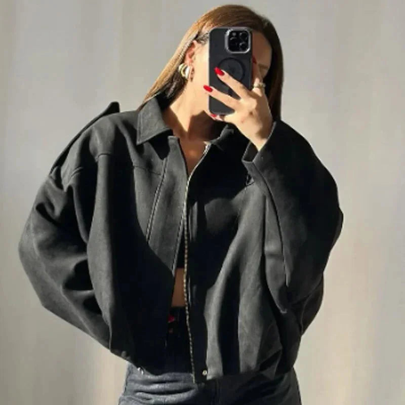 Women's suede button-front collared winter jacket with dropped shoulders - Green