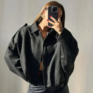 Women's suede button-front collared winter jacket with dropped shoulders - Green