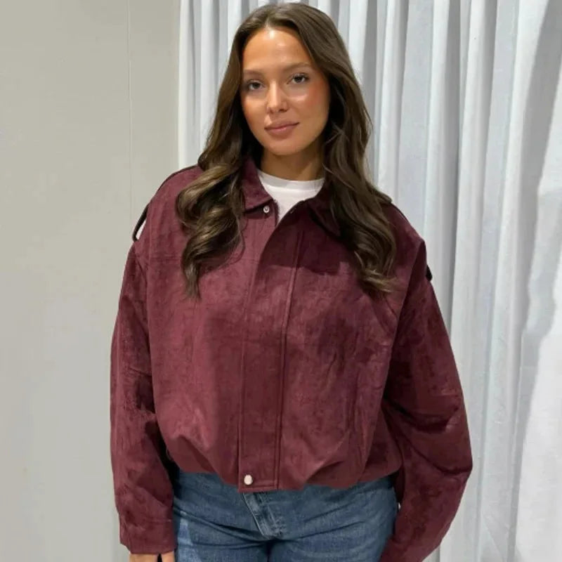 Women's suede button-front collared winter jacket with dropped shoulders - Green