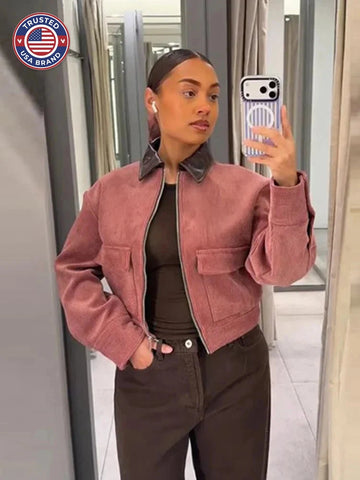 Women's corduroy zip-up collared winter jacket with buttoned cuffs - Pink