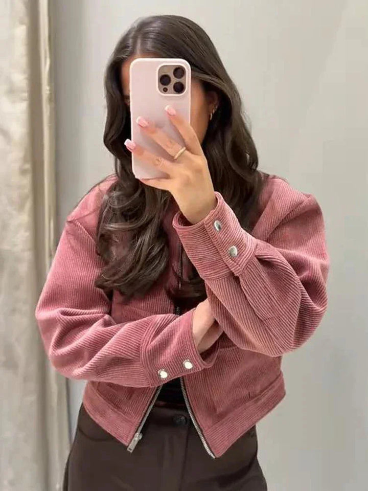 Women's corduroy zip-up collared winter jacket with buttoned cuffs - Pink
