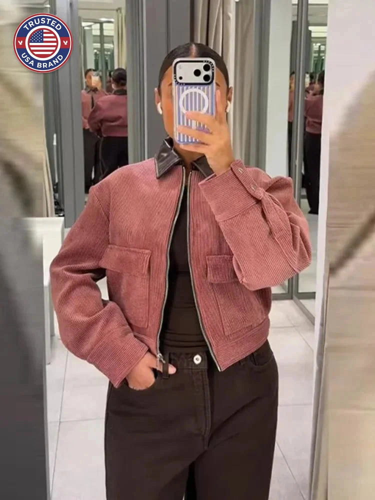 Women's corduroy zip-up collared winter jacket with buttoned cuffs - Pink