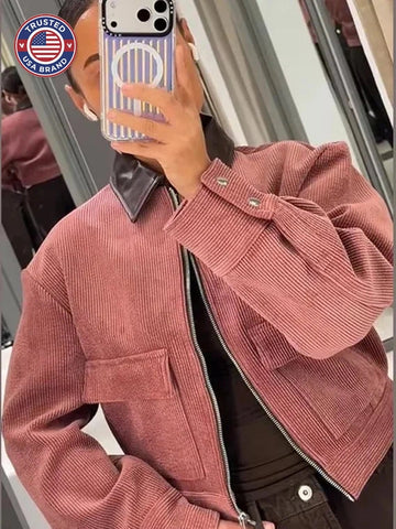 Women's corduroy zip-up collared winter jacket with buttoned cuffs - Pink