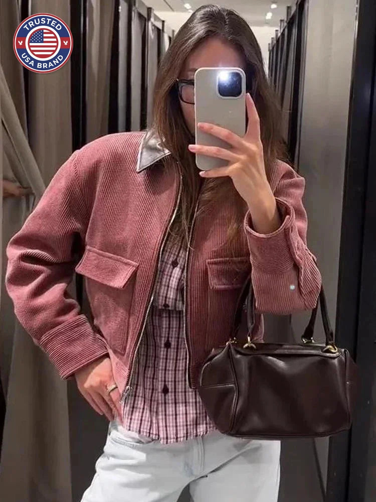 Women's corduroy zip-up collared winter jacket with buttoned cuffs - Pink