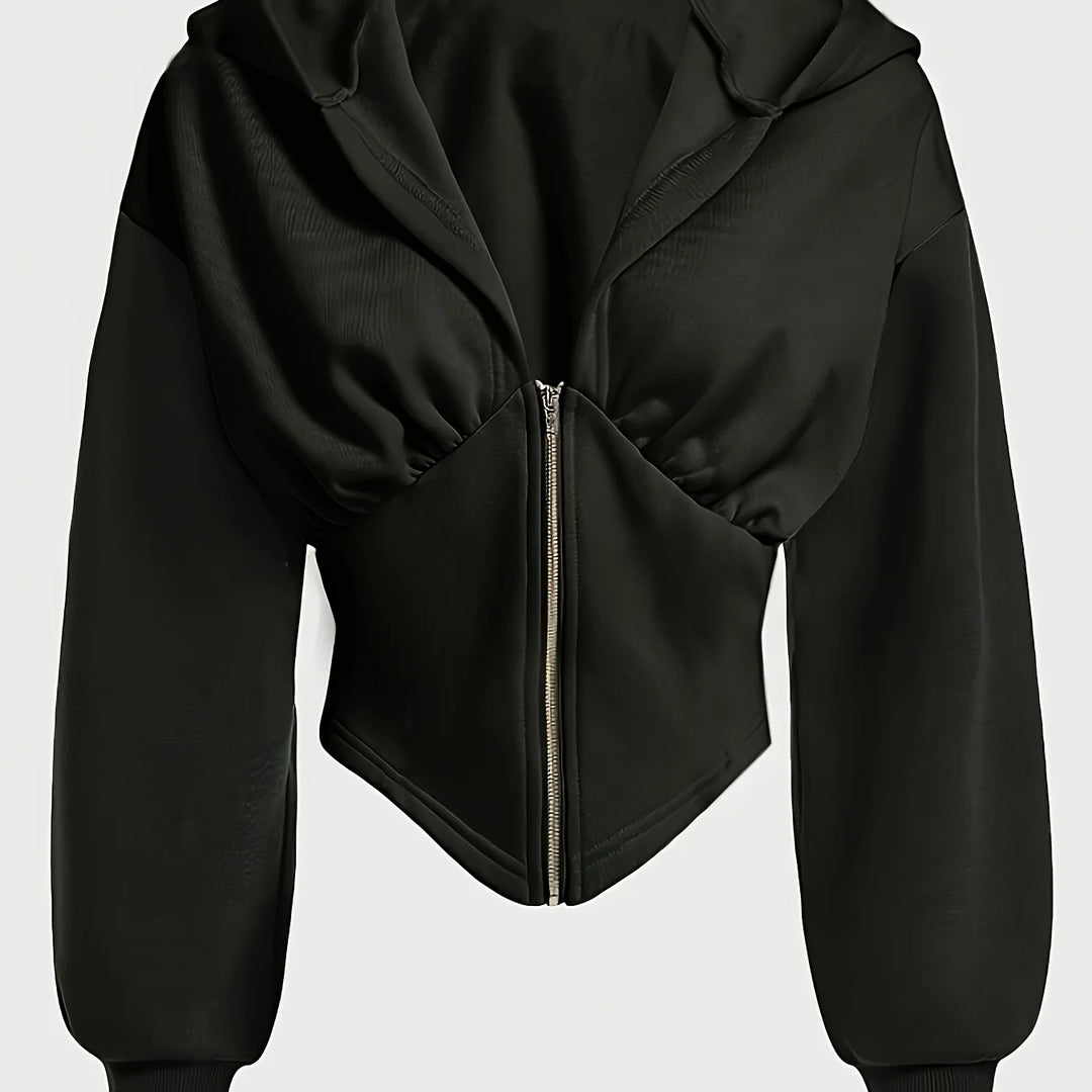 Women's cropped zip-up winter hoodie with long cuffed sleeves in Black