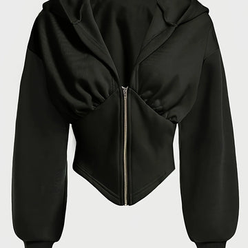 Women's cropped zip-up winter hoodie with long cuffed sleeves in Black