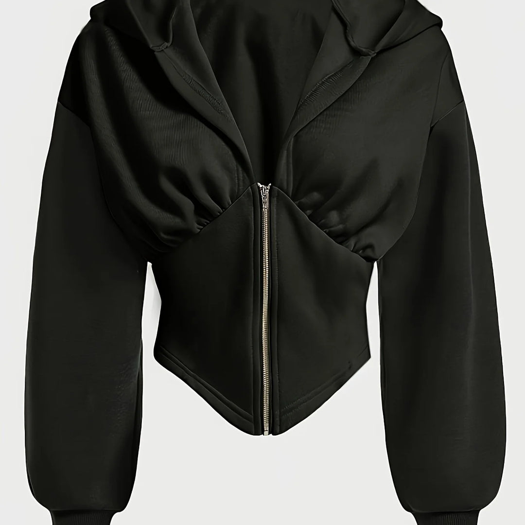 Women's cropped zip-up winter hoodie with long cuffed sleeves in Black