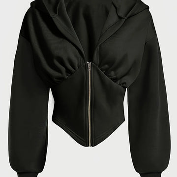 Women's cropped zip-up winter hoodie with long cuffed sleeves in Black