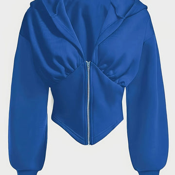 Women's cropped zip-up winter hoodie with long cuffed sleeves in Blue