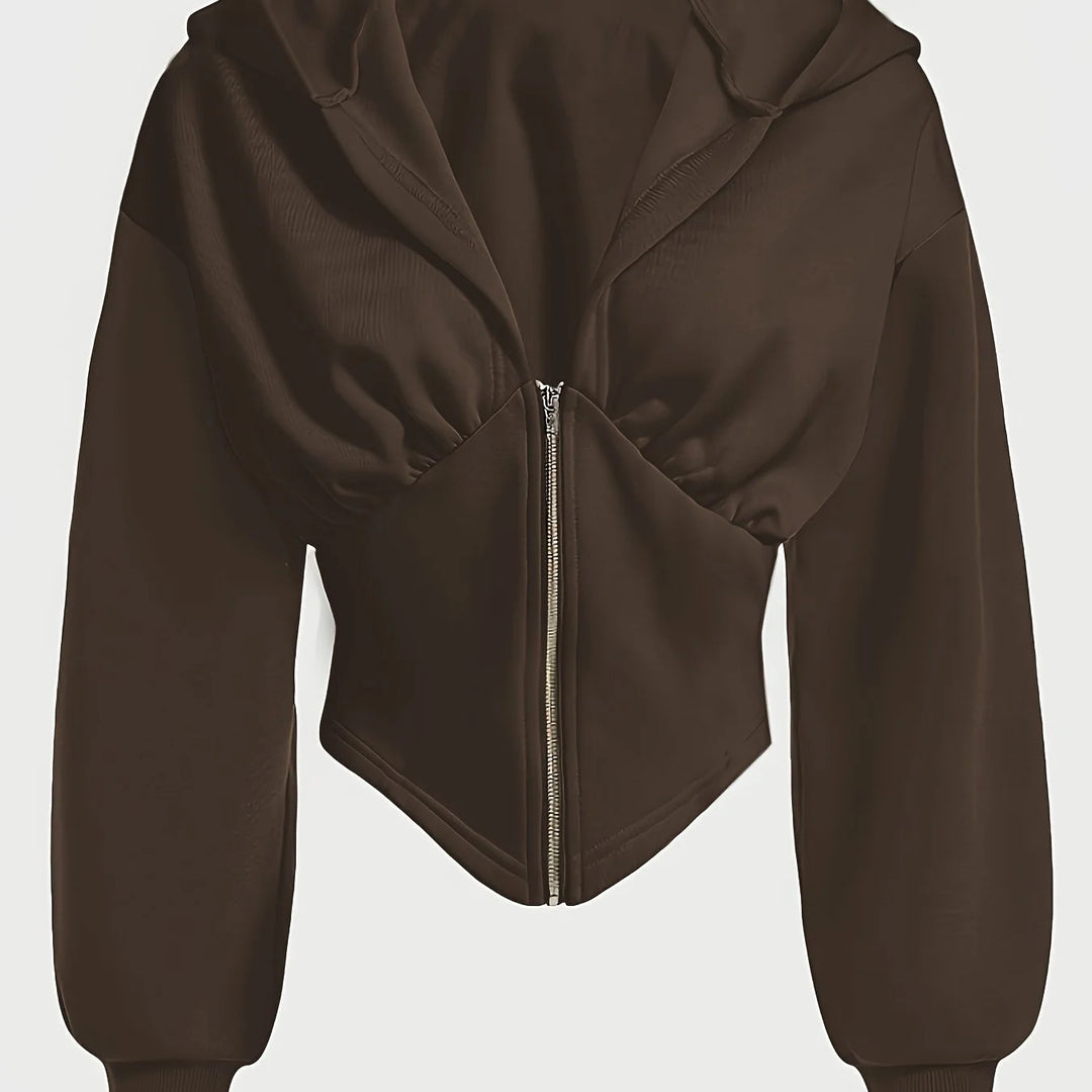 Women's cropped zip-up winter hoodie with long cuffed sleeves in Dark brown