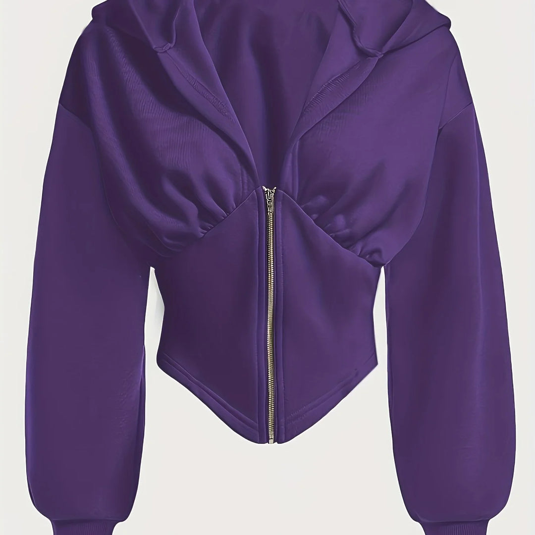 Women's cropped zip-up winter hoodie with long cuffed sleeves in Purple