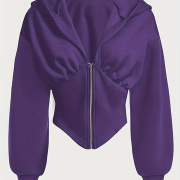 Women's cropped zip-up winter hoodie with long cuffed sleeves in Purple
