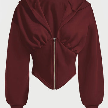 Women's cropped zip-up winter hoodie with long cuffed sleeves in Red