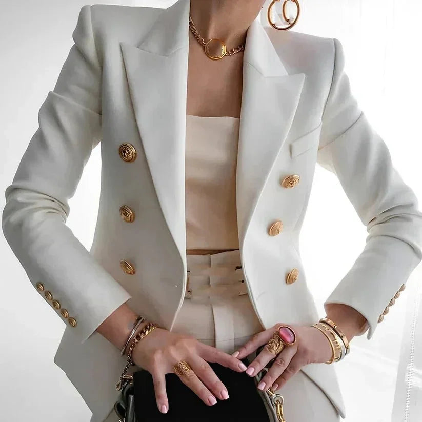 Women's Double-Breasted Blazer with Gold Buttons - Black