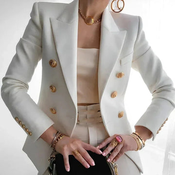 Women's Double-Breasted Blazer with Gold Buttons - Black